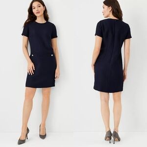 Ann Taylor Petite Short Sleeve Classic Tweed Pocket Shift Dress in Navy Size 00P